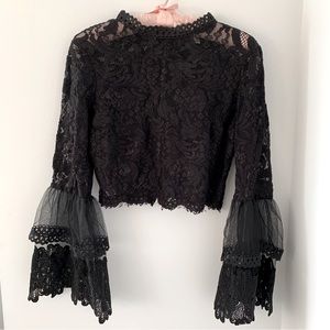 ReVamped Black Lace Sheer Crop Top M Bell Sleeve